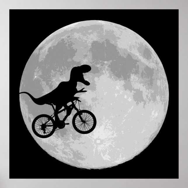 Póster Dinosaurio en bicicleta en cielo con luna (Frente)
