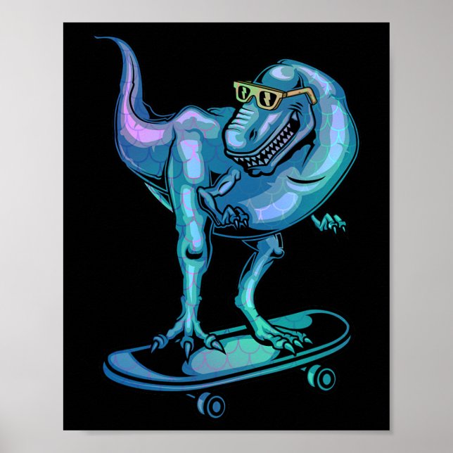 Póster Dinosaurio En Monopatin Equipo De Patinaje De Dino (Frente)