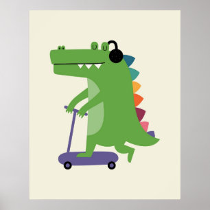 Póster Dinosaurio en un Scooter con Auriculares Bebé niño