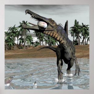 Póster Dinosaurio espinosaurio comiendo peces - rendiment