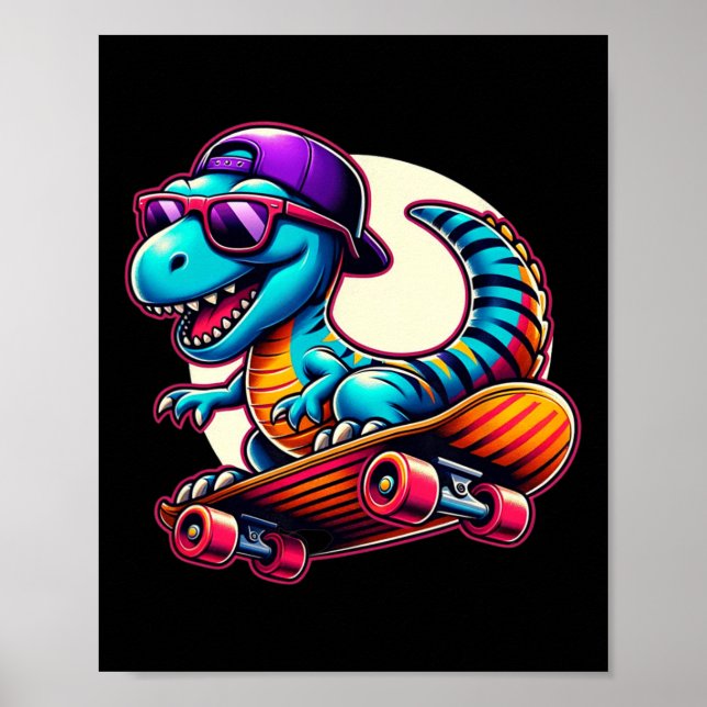 Póster Dinosaurio montando monopatín divertido T-rex Dino (Frente)