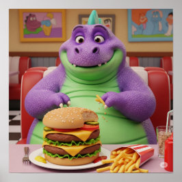 Póster Dinosaurio morado disfruta de una hamburguesa
