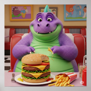 Póster Dinosaurio morado disfruta de una hamburguesa