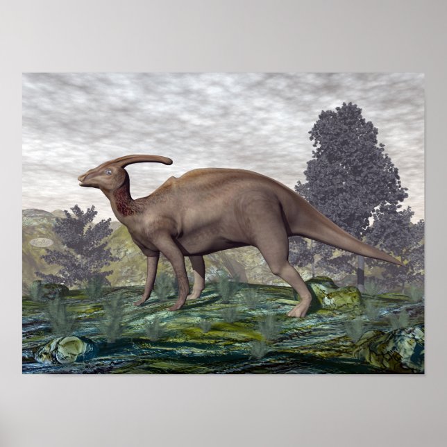 Póster Dinosaurio parasaurolophus entre los árboles de gi (Frente)