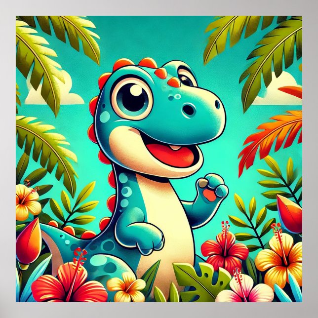 Póster Dinosaurio Personalizado Adorable en medio de vibr (Frente)