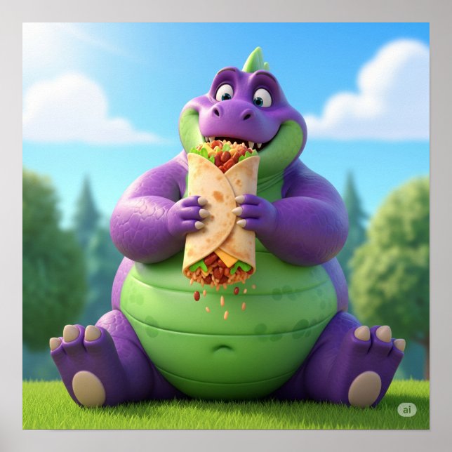 Póster Dinosaurio púrpura disfrutando de un burrito (Frente)