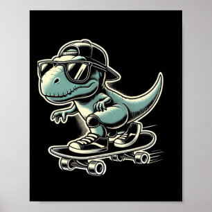 Póster Dinosaurio T Rex Patinando Divertido Patinaje Retr
