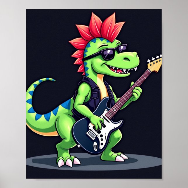 Póster Dinosaurio tocando guitarra eléctrica (Frente)