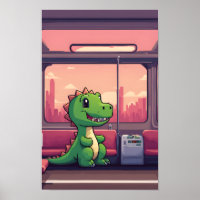 Dinosaurio verde adorable montando el tren al atar