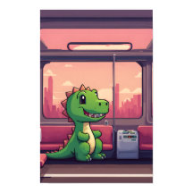 Dinosaurio verde adorable montando el tren al atar