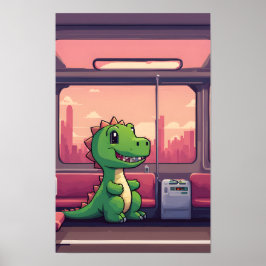 Póster Dinosaurio verde adorable montando el tren al atar