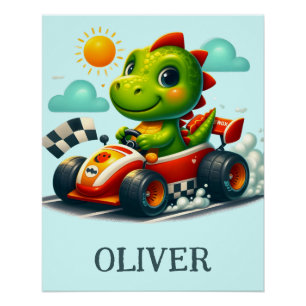 Póster Dinosaurio verde lindo en un coche de carreras
