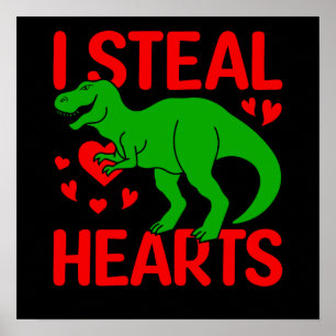 Póster Dinosaurio Verde San Valentín Roba Corazones