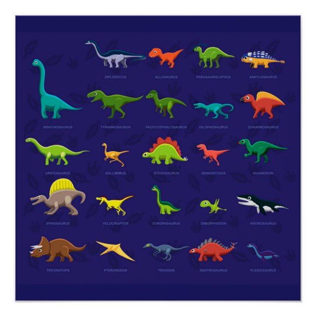 Póster Dinosaurios animados con nombres debajo (Anverso)
