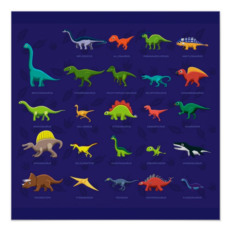 Póster Dinosaurios animados con nombres debajo Póster Dinosaurios animados con nombres debajo