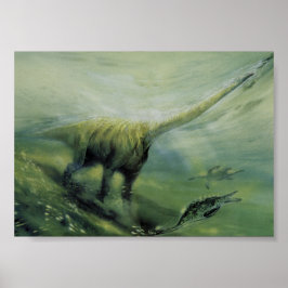Póster Dinosaurios de época, Brachiosaurus nadando en el