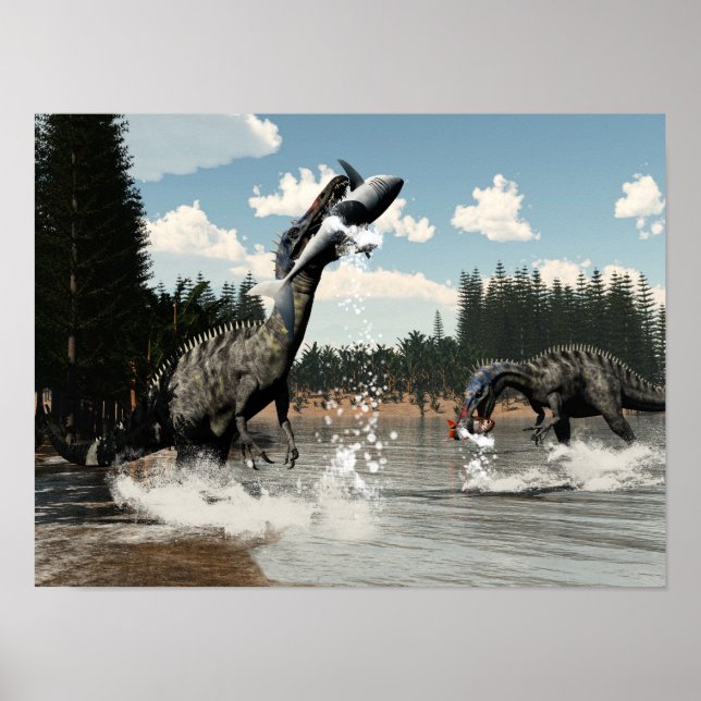 Póster Dinosaurios de suchomimus pescando y tiburones (Frente)