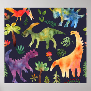 Póster Dinosaurios florales: Diseño de tela acuarela