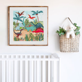 Póster Dinosaurios lindos niños pre-históricos de la jung