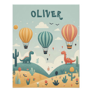 Póster Dinosaurios Lindos y Globos Aerostáticos