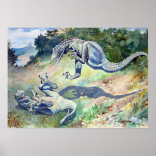 Póster Dinosaurios luchando Vintage 1897 por Charles Knig