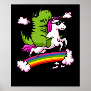 Póster Dinosaurios T-Rex montando arcoiris magro unicorni