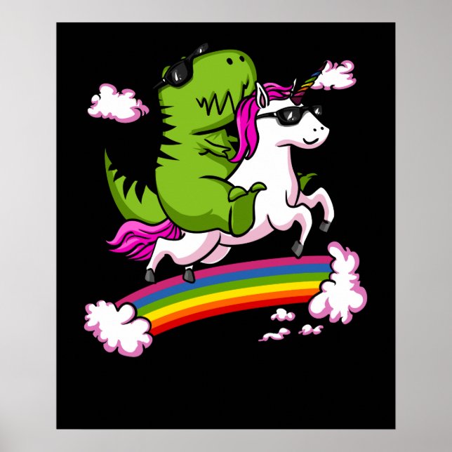 Póster Dinosaurios T-Rex montando arcoiris magro unicorni (Frente)