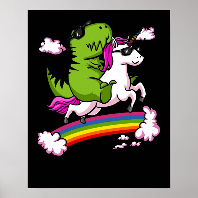 Póster Dinosaurios T-Rex montando arcoiris magro unicorni (Frente)
