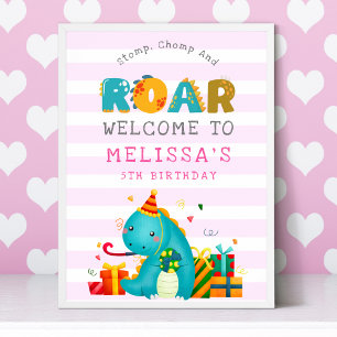 Póster Dinosaurs Stomp Chomp and roar Birthday Girl