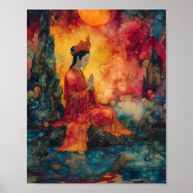 Póster Diosa budista Guanyin Surreal Abstrato del Arcoiri (Frente)