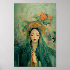 Póster Diosa budista Quan Yin Pintura floral verde