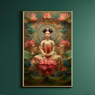 Póster Diosa budista Quan Yin pintura rosa de Lotus