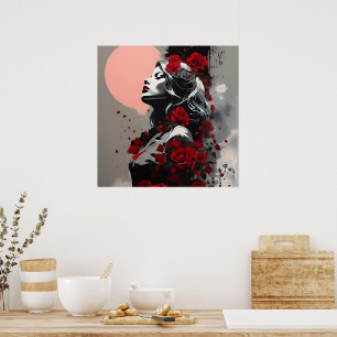 Póster Diosa con rosas rojas