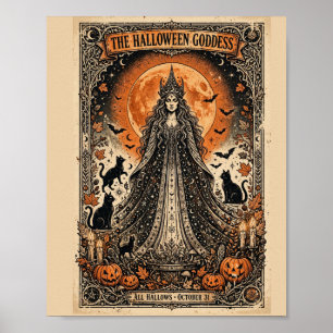 Póster Diosa de Halloween Bruja Gótica Vintage Gato Negro