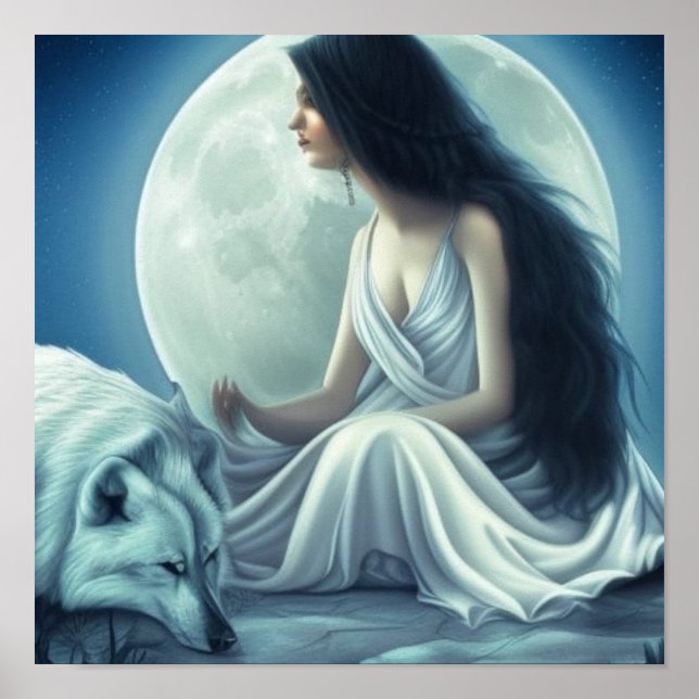 Póster Diosa de la luna con Wolf Bowing - Wolf (Frente)