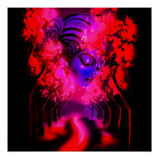 Póster Diosa de neón en bosque encantado