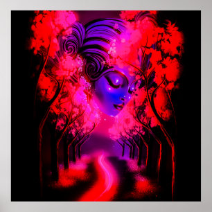 Póster Diosa de neón en bosque encantado