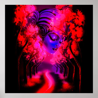 Póster Diosa de neón en bosque encantado
