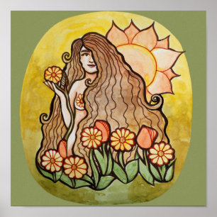 Póster Diosa del Sol Veraniego Girasoles Jardinería Verde