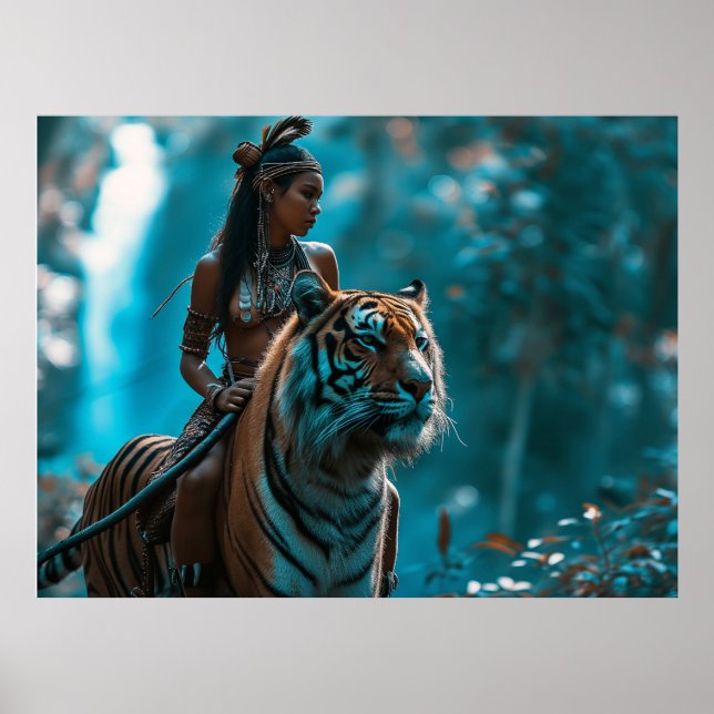 Póster Diosa del tigre - Una mujer en la naturaleza monta (Frente)