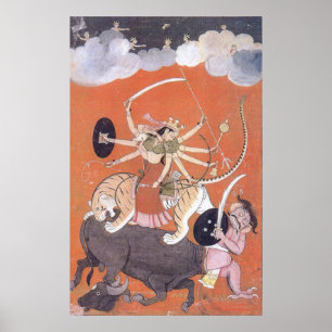 Póster Diosa Durga luchando contra el demonio Mahishasura