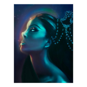 Póster Diosa extranjera celestial verde azul brillante Po