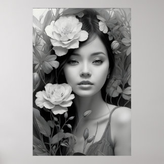Póster Diosa floral en blanco y negro