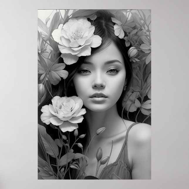 Póster Diosa floral en blanco y negro (Frente)