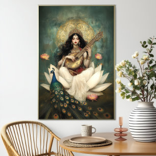 Póster Diosa hindú Saraswati: Loto Veena Pavo Real