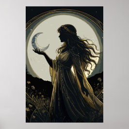 Póster Diosa Mística de la Luna, Silueta de Mujer Celesti