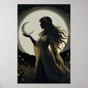 Póster Diosa Mística de la Luna, Silueta de Mujer Celesti