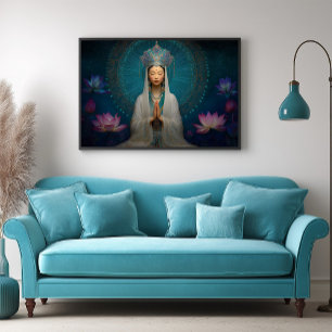 Póster Diosa Quan Yin Azul Resumen Floral Geométrica