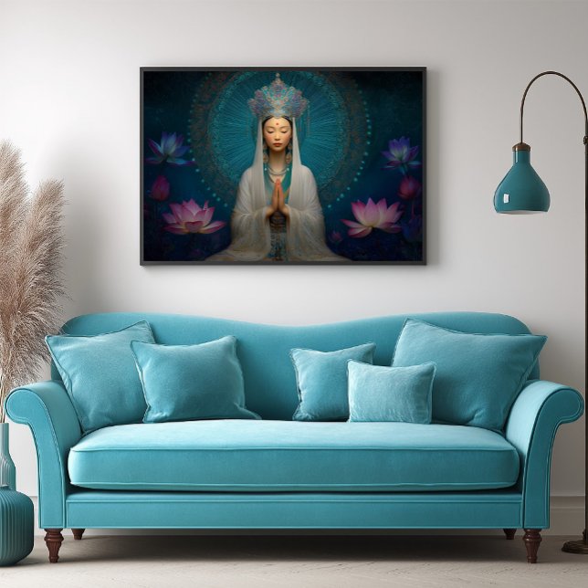 Póster Diosa Quan Yin Azul Resumen Floral Geométrica (Subido por el creador)