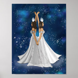 Póster Diosa zodiaca gemini en espacio celeste azul
